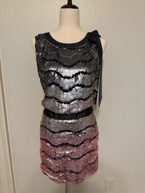 Tony Bowls Silver and Pink Sequin Mini Dress with Black Ribbon Detail